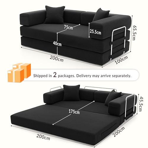 YINIX Składana Sofa 3-osobowa Łóżko Gościnne 200cm XXL, Modułowa Sofa Podłogowa ze Sztruksu z Metalową Ramą, Antypoślizgowa, Zmywalna (Czarny, 200cm (3-osobowa))