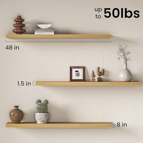 Image of Fun Memories 48Inch Floating Shelves for Wall, 8 Inch Deep Shelves for Bathroom|Bedroom|Kitchen, Large Wall Mounted Wood Hanging Shelf with Invisible Brackets for Home Storage Decor, Oak - 2 Pack