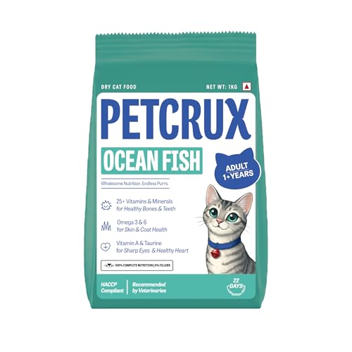 Image of Petcrux Dry Adult Cat Food, Ocean Fish Flavor, with Omega 3 & 6 and Taurine, Complete & Balanced Nutrition for Adult Cats, 1 kg