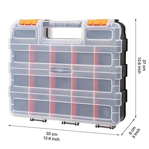 Casoman Double Side Tool Organizer With Impact Resistant Polymer And Customizable Removable Plastic Dividers, Hardware Box Storage, Excellent For Screws,Nuts,Small Parts, 34-Compartment, Black/Orange #TOP7