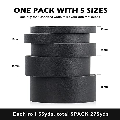Bomei Pack Black Painters Tape, 1/2" 3/4" 1” 1.5” 2” X 55Yds, 5Rolls Multi Size Painting Masking Tape For House Wall Painting And Decoration #TOP4