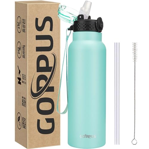 GOPPUS 750ml/26oz Stainless Water Bottle with Straw Double Wall Insulated Bottles with Strap Reusable Vacuum Thermal Flask Leakproof Keep Cold Drinks Bottles with Flip Top Lid for Men Women BPA Free