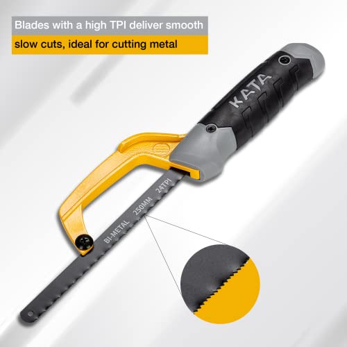Kata 10 Inch Aluminum Frame Compact Hand Operate Mini Hack Saw,Small Hand Saw Hacksaw For Wood And Metal,2Pc Extra Flexible Bi-Metal Hss Blades Included #TOP3