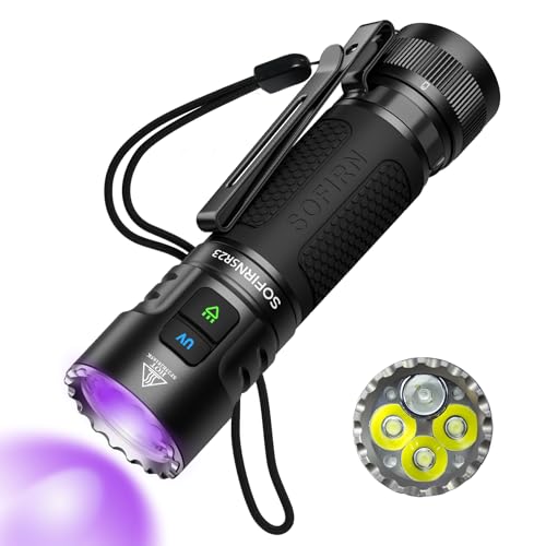 SOFIRN SR23 Taschenlampe Mit UV Lampe, 3300LM, 365NM Schwarzlichtlampe, Mit Typ-C, IPX8, Magnet, Clip, Aufladbare Led Taschenlampe Geeignet Für Hundespaziergänge, Falschgelderkennung, Haustierurin