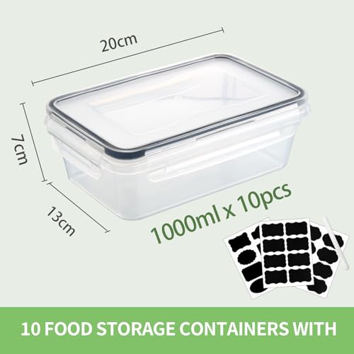 Hibisaws Frischhalteboxen 100% Luftdicht mit Deckel, 10 Stück à 1L, BPA-frei - Ideal für Gefrierfach, Kühlschrank, Mikrowelle & Lunchbox