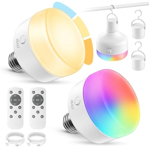 NIORSUN 2Packs E26 Rechargeable Light Bulb, 300LM丨4000mAh丨3 Color Temperature+RGB Battery Operated Light Bulbs with Remote,Dimmable & Timer Function, for Table lamp & Wall Sconces, Non-Hardwired Cover