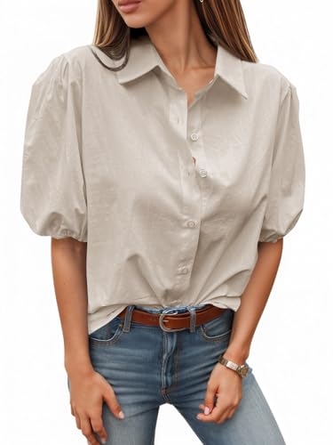 Image of Tankaneo Women's Button Down Shirts Short Puff Sleeve Collared Dressy Casual Blouse Tops