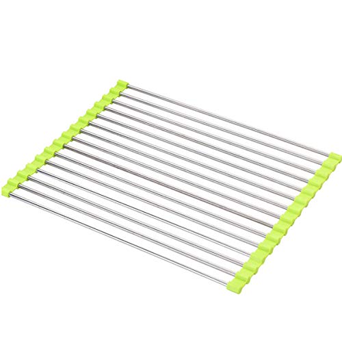 Image of Dish Drying Rack Large Stainless Steel Over the Sink Folding Roll-Up Dish Draining Rack 2 Pcs (green)