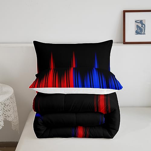 Image of Feelyou Abstract Ombre Comforter Set Queen, Red Blue and Black Comforter Ombre Striped Comforter for Kids Toddler Geometrics Lines Duvet Set 3Pcs