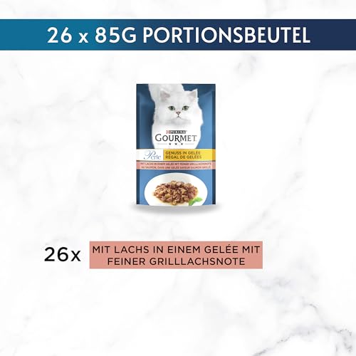 Gourmet Perle Genuss in Gelee Katzenfutter nass mit Lachs und feiner Grillachsnote 26er Pack (26 x 85g)