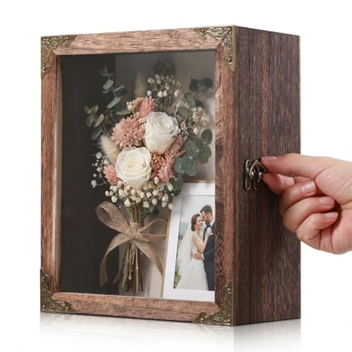 Deep Shadow Box Frame 8x10 with 4.7' Depth, Rustic Carbonized Wood Display Case, Deep Wood Memory Box with Vintage Lock, 4 Metal Corner Protectors, Display Case for Collectibles, Wedding Keepsakes