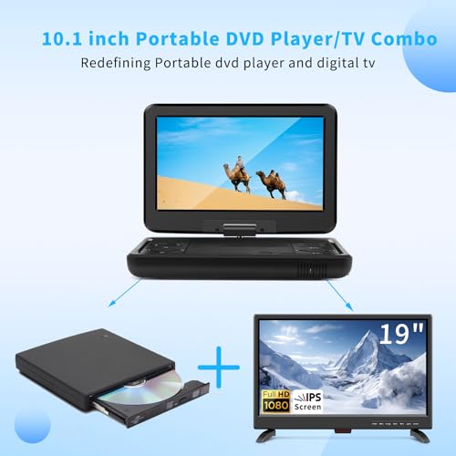KCR Tragbarer DVD-Player, 25,7 cm (10,1 Zoll), eingebauter Fernseher DVB-T2 mit schwenkbarem LED-Bildschirm und/oder USB/HDMI/AV, wiederaufladbarer Akku und Dual-Stereo-Lautsprecher, kleiner Fernseher – Bild 5