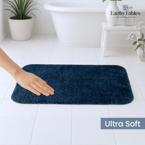 Image of Earthy Fables Soft Microfiber Bath Mat - Cut Pile, Quick Dry, Anti-Skid, Water Absorbent, Non-Slip, Machine Washable Floor Rug, Shower Mat, Door Mat for Bathroom, Bedroom, 60x40 cm - Navy Blue