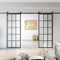BARNSMITH 72in x 84in Double Glass Barn Door with 13FT Top Mounted Hardware Kit, 5-lite Modern Black Aluminum Tempered Frosted Glass Sliding Door, Assemble Required(2 * 36inx 84in)