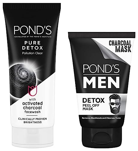 Image of POND'S Men Charcoal Blackhead Removal Detox Peel Off Mask, Removes Oil & Lifts Dead Skin Cells, Deep Pore Cleansing, Brightens Skin, 75g & POND'S Pure Detox Face Wash 100 g