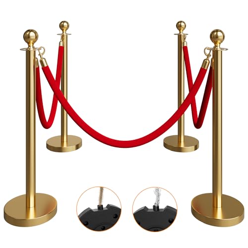 Image of 4 Pack Gold Stanchions and Velvet Ropes Set, Stainless Steel Crowd Control Barriers, 3Pcs Red Carpet Ropes and Poles for Party Supplies,Photobooth Accessories, Prom,Birthday,Business,Wedding, Museums