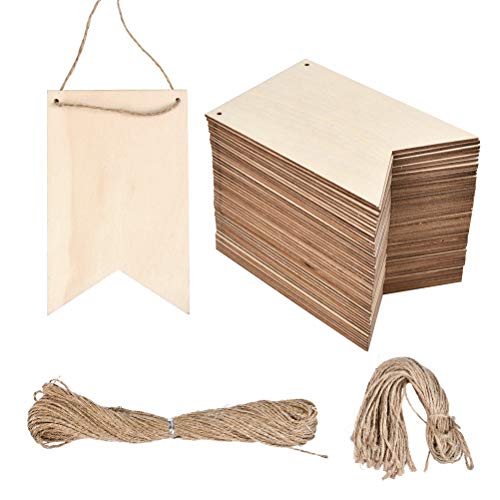 WOWOSS 48 Pack Unfinished Wood Banners, Rustic Decorative Wood Plaque, Hanging Wooden Signs with 48 Pcs 13.7" Jute Rope and 1 Roll 65.6 Ft Jute String for Shop Home Decor, DIY Craft Projects