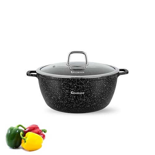 GOLDMANN 28 Antihaft-Kasserolle/Kochtopf mit Glasdeckel, 6.5L Marmorierte Keramikbeschichtung, Alle Herdarten, Umweltfreundlich