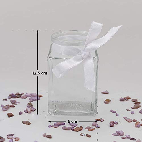 Casavetro - 6 x kleine mini vazen set hoekig-285 ml glas helder decoratie bloemenvaas bruiloft (6 x strikken-wit) - Afbeelding 4