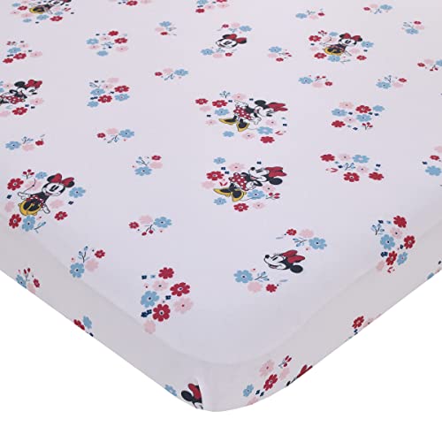 Image of Disney Minnie Mouse - Pink, Blue and White Small Town Floral Nursery Fitted Mini Crib Sheet