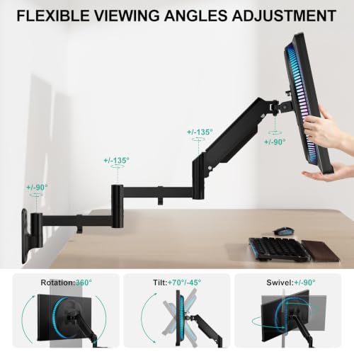 Image of WALI Long Arm Monitor Wall Mount for 17-33 inch Screens, Extra Long Reach Single Wall Mount Monitor Arm, Full Motion Adjustable Vesa Wall Bracket 75x75 /100x100mm, up to 17.6lbs (GSWM001L), Black