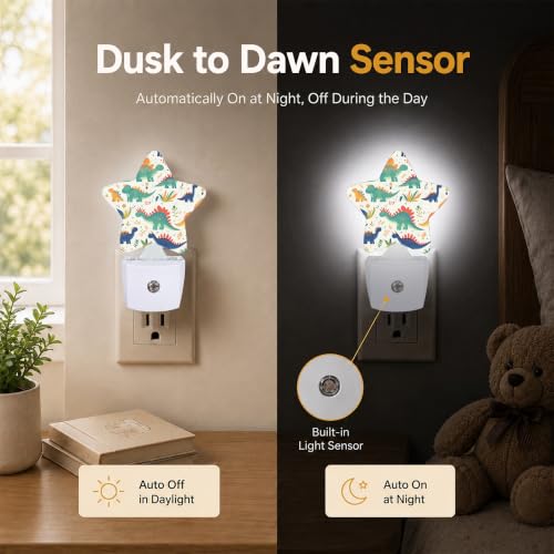 Image of Cute Dinosaur Star Night Light Plug in, Decorative Night Light for Kids Room Nursery Bedroom, Soft Glow Sensor Lamp for Hallway Bathroom, Compact Energy Saving