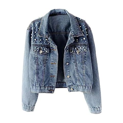 Ankecity Oversize Pearl Embroidered Women's Ripped Distressed Casual Long Sleeve Denim Jacket Coat Cover