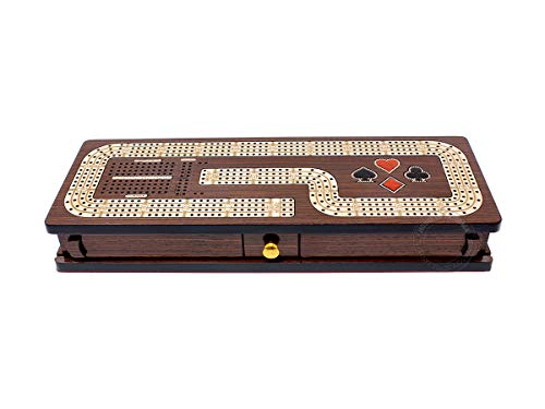 Tablero/Estuche Continuo de Cribbage House of Cribbage - 4 Pistas, Incrustado en Madera Wenge y Arce: Cajón para Tarjetas y Clavijas con Campos de Marcación para Skunks, Esquinas y Partidas Ganadas miniatura 2