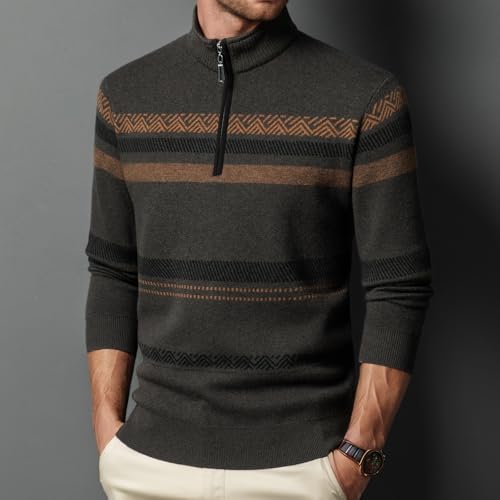 Men's Sweater Quarter Zip Striped Pullover 100% Wool Fall and Winter Color Block Polo Sweaters3