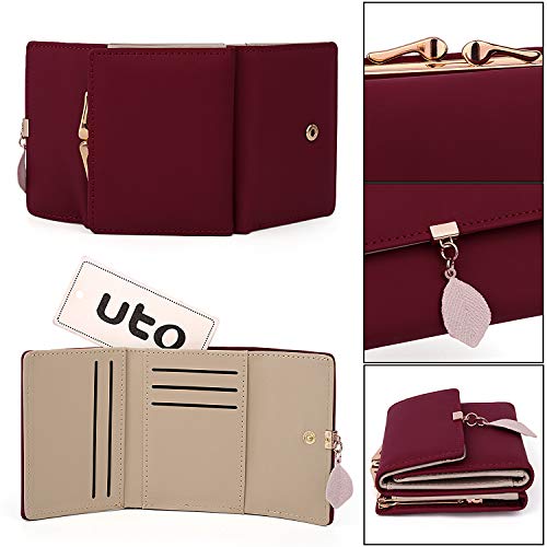 UTO Small Wallet for Women PU Leather Leaf Pendant Card Holder Organizer Coin Purse Red4