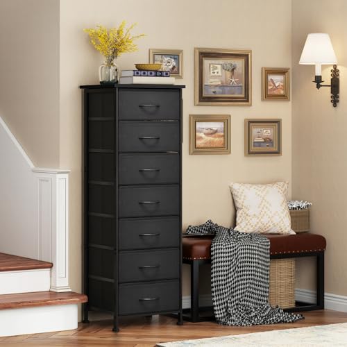 Tall Skinny Dresser with 7 Fabric Drawers, Slim Dresser, Black