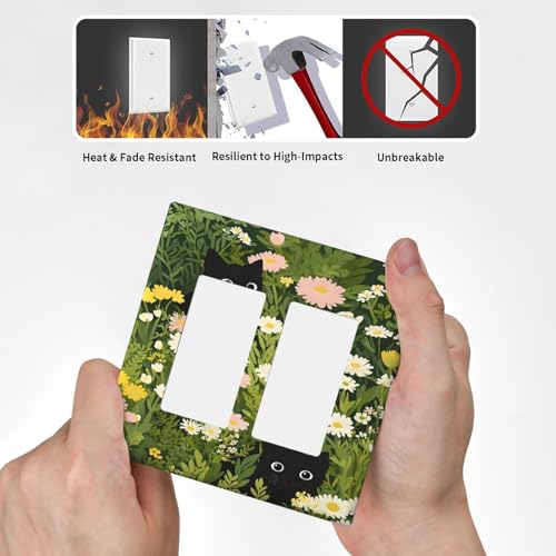 Decorative Outlet Covers Funny Cute Black Cat Colorful Flower Green Plant 2 Gang Wall Plate Double Rocker Two Switch Wall Cover Plate Light Switch Cover Plate Faceplate for Home Decor