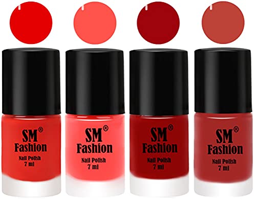 Image of Nail Polish Combo Set (Pack of 4) Quick Dry Gel Finish Nail Paint | Fire Orange,Baby Pink,Light Red,Dark Nude | 7 ml Each