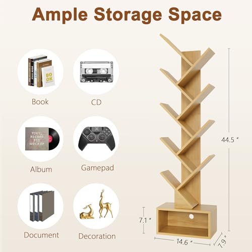 Image of Hoctieon 9 Tier Tree Bookshelf, Tall Bookcase with Drawer, Wood Book Shelf, Modern Floor Standing Bookshelves, Book Organizer Shelves for Bedroom, Living Room, Home Office, Yellow