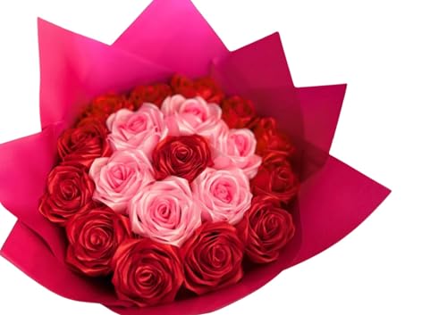 Image of Handcrafted Satin Rose Bouquet Handmade Flowers, Decorative Ribbon Bow for Valentine's Day, Wedding, Home Decor, Anniversary, Birthday with 4 Personalized poloroid photo (Red and Pink)