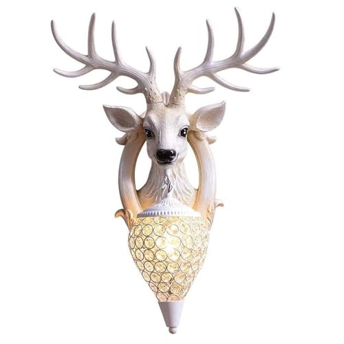 Image of OZBMA Creative Resin Animal Wall Lamp Retro Deer Head Light Antler Bedside Lamps with Crystal Lampshades for Hallway Stairs Living Room Decor(White) (White)