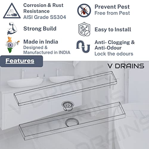 Image of 600x100 mm Tile Marble Insert Floor Shower Drain Channel | Linear (Long) Drain for Bathrooms, Floor, Balconies of SS (Grade AISI 304 18 /8) with Cockroach Trap | Center Outlet (24x4 inches)