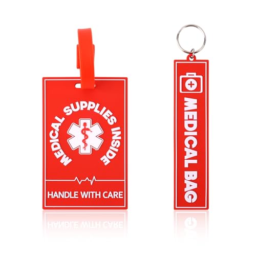 2pcs Medical Alert Tags for Bag 2 Styles Medical Device Luggage Tag with Straps Information Cards & Key Ring for Professional Equipment Travel Suitcases Backpack