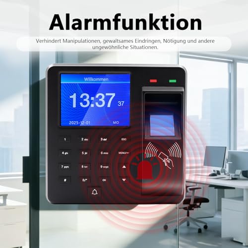 Zeiterfassung für Kleinbetriebe, 3-in-1-Zeiterfassungsgerät mit Fingerabdruck, Passwort und Kartenleser, Fingerabdruckkapazität 1000, Zeiterfassungssystem für Mitarbeiter, 0 monatliche Gebühr