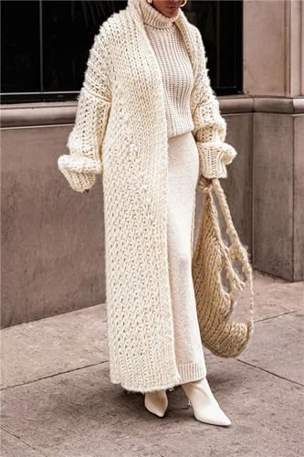 Women's Loose Knit Cardigan Fall and Winter White Long Sweater Coat3