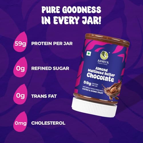 Image of Asmita Organic Farms Creamy Chocolate Nut Butter 250g | Made with Almonds, Multi-Seeds & Avocado Oil | High-Protein Spread | Naturally Sweetened & Zero Palm Oil | Great for Spreads, Smoothies, Baking