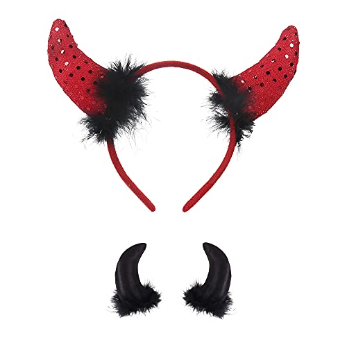 KEPATO Halloween Devil Red Horns Headband Devil Black Horns Hair Clips,Halloween Women Devil Hairband Hair Hoop Party Decoration Cosplay Costume Headpiece 2 Pack Mixed