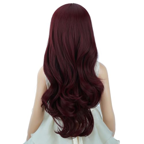 Image of PATTNIUM Wine Red Long Curly Wigs for Kids Girls Burgundy Middle Part Heat Resistant Synthetic Wigs Halloween Cosplay Costume Party Wig