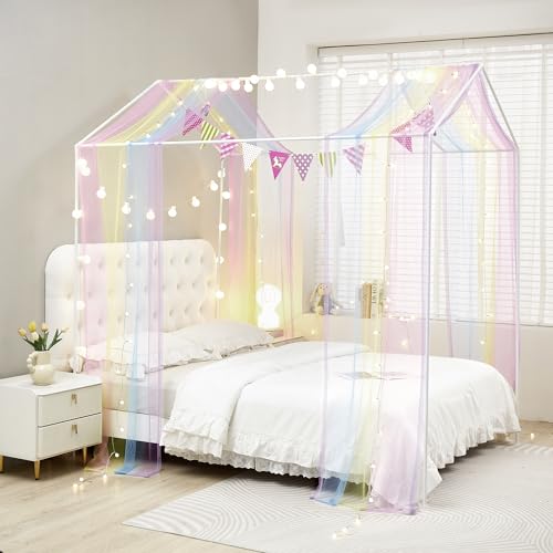 Mengersi House Bed Canopy Bed Curtains with Lights,Montessori Floor Bed Canopy for Girls Boys,Four Poster Bed Curtains House Bed Decoration (Full/Queen, Rainbow) by Mengersi - Used condition - Image 2
