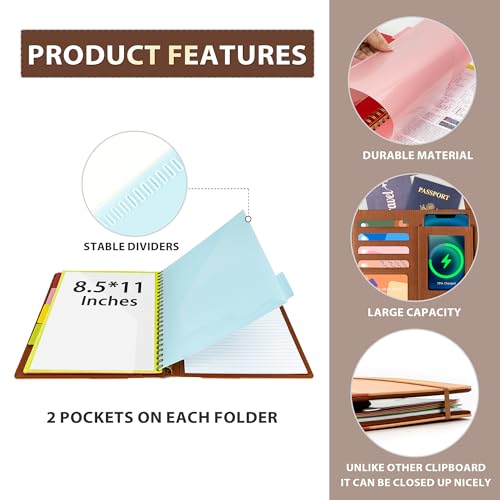 Image of Ospelelf Clipboard with Storage for Men Women, Leather Padfolio Portfolio Organizer 5 Folders with 10 Pockets, Spiral Clipboard Folio with Notepad for Letter Size, Elastic Closure and Pen Loop Brown