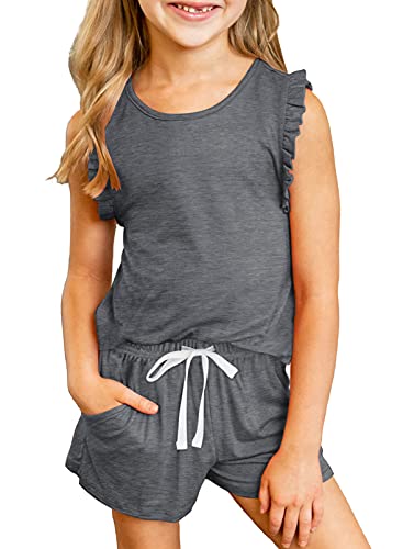 Image of Dokotoo Girls Summer Casual Cute T-Shirt Shorts Set Outfits Ruffle Sleeve Crew Neck Solid Stretchy Shorts Fashion Clothing with Side Pockets 2025 Size 8-9 Gray