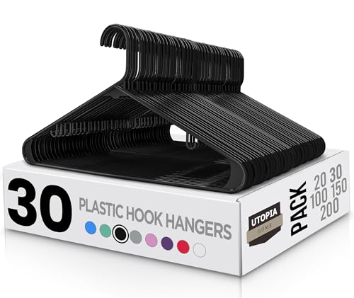 Utopia Home Plastic Hangers 30 Pack - Clothes Hanger with Hooks - Durable & Space Saving (Black)