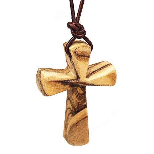 Hand Carved Tapered Wooden Cross Necklace for Men & Women on Adjustable 32 Brown Leather Cord - Wood Cross Pendant for Boys Girls Men & women