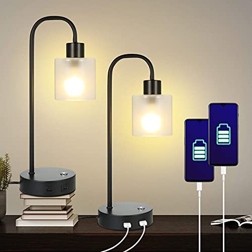 Industrial Touch Control Table Lamps Set of 2, Tomshine Stepless Dimmable Bedside Table Lamps with 2 USB Ports, Nightstand Lamps with Glass Shades for Bedroom, Living Room, Office(2 Bulbs Included)