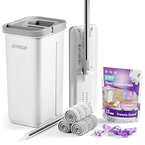 JOYMOOP Mop and Bucket with Wringer Set and Floor Cleaner Pods, Flat Floor Mop with 3 Reusable Microfiber Pads, Wet and Dry Use, Freesia Scent Pack of 15 Pacs for Floor Cleaning